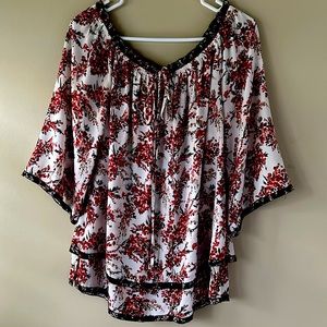 WHBM floral top with wide 3/4 sleeves.  Red and black print. Lightweight fabric